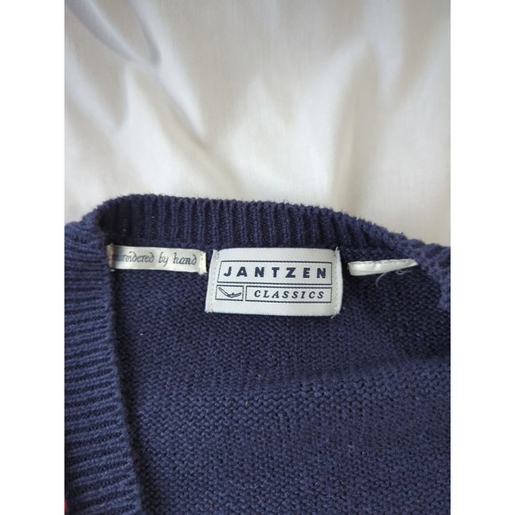 Jantzen Classics Cardigan Sweater Hand Embroidered Vintage Navy Gold Tone Button - Picture 9 of 10
